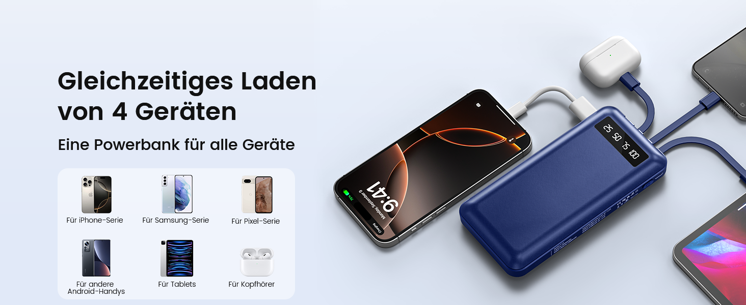 Powerbank 26800mAh з 4 вбудованими кабелями, 22.5W, LED дисплеєм та підставкою, блакитний. Сумісний з iPhone, iPad, Samsung Galaxy.