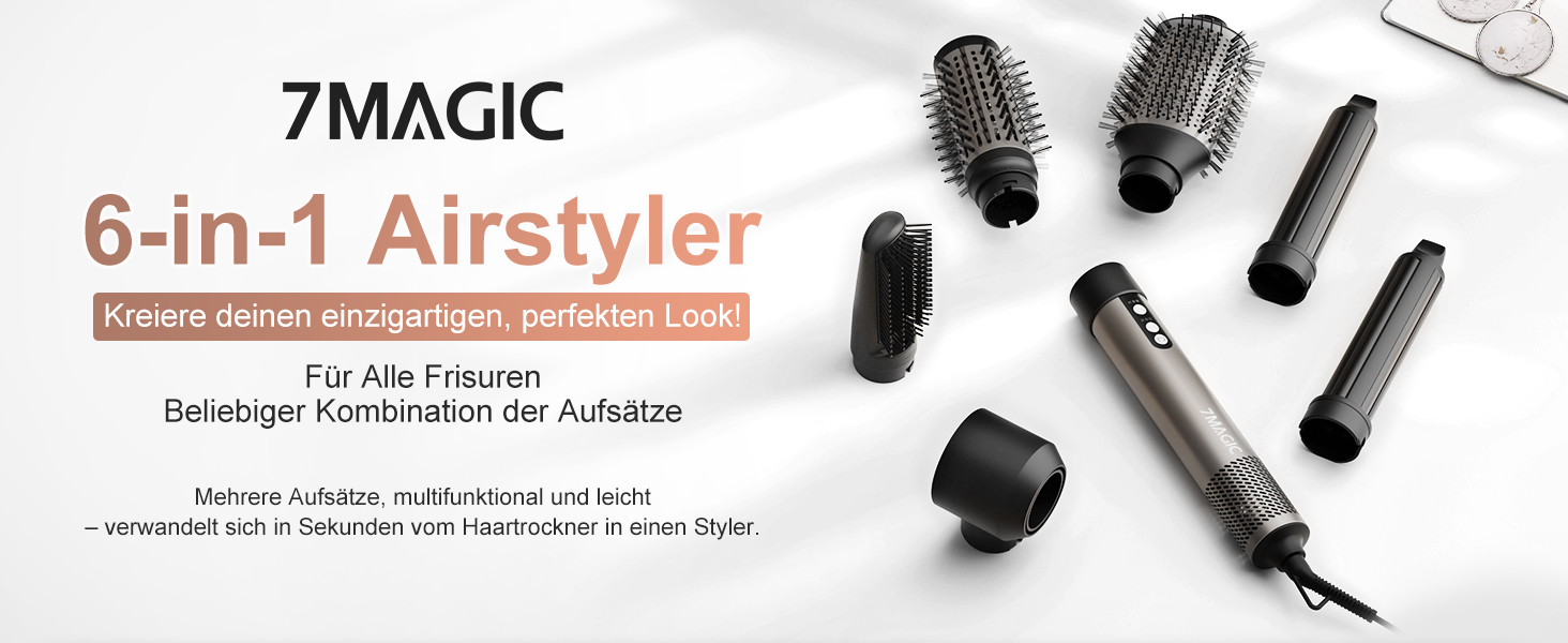 7MAGIC Airstyler 6-в-1: фен-щітка, плойка, завивка, іонізація, для волосся, подорожей, сріблястий