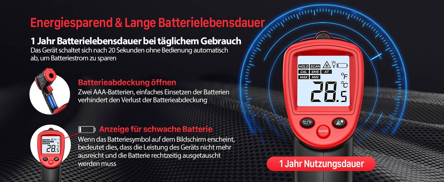 Інфрачервоний термометр Eventek -50°C до 600°C з лазером та LCD дисплеєм. Безконтактний термометр для піци, гриля, кухні та промисловості. Регульований коефіцієнт випромінювання (Не для людей). Червоний, діапазон -50°C ~ 500°C
