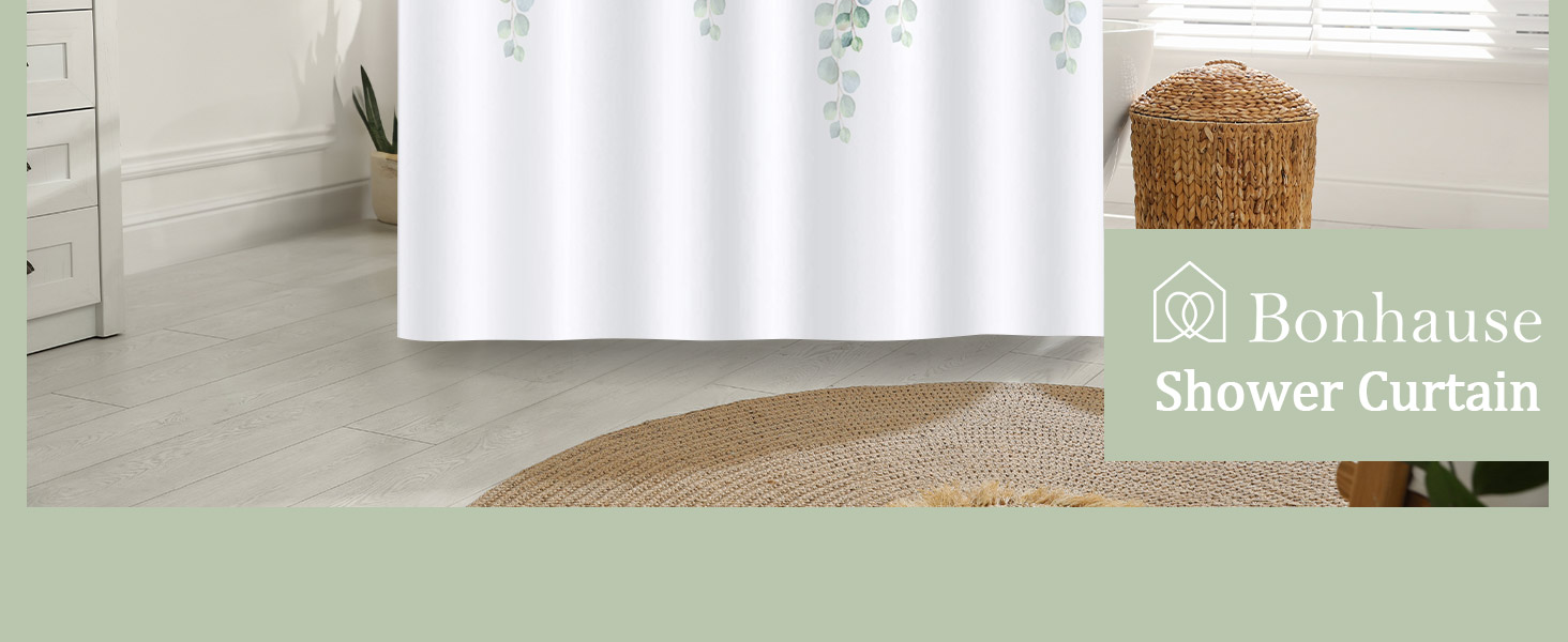 Шторка для душу Bonhause з евкаліптом, зелені листки, 180x180 см, поліестер, антигрибок, водонепроникна, з 12 гачками