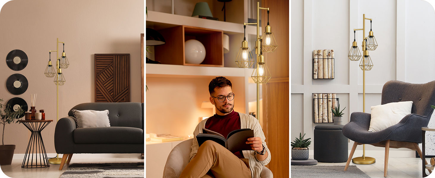 LED торшер Edishine для вітальні, ретро стиль, 3 лампи, диммування, 4W E27, регулювання поворотною ручкою, індустріальний декор з металевим абажуром-сіткою, 2700K, висота 166 см, золотий