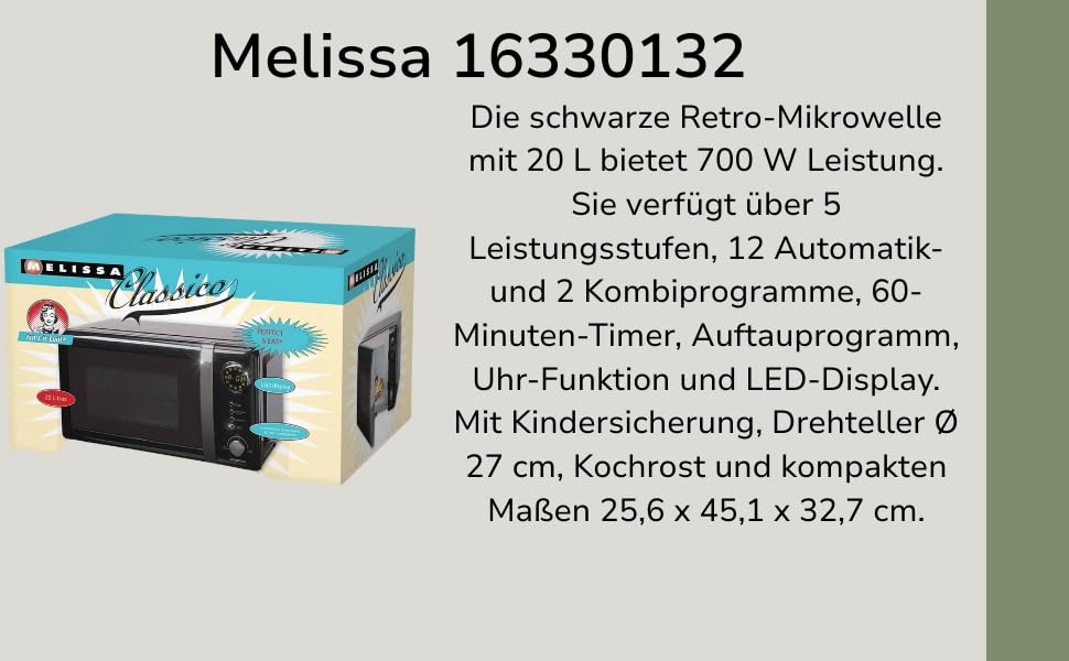 Мікрохвильова піч Melissa Classico Retro, 20 л, 700 Вт, чорний колір