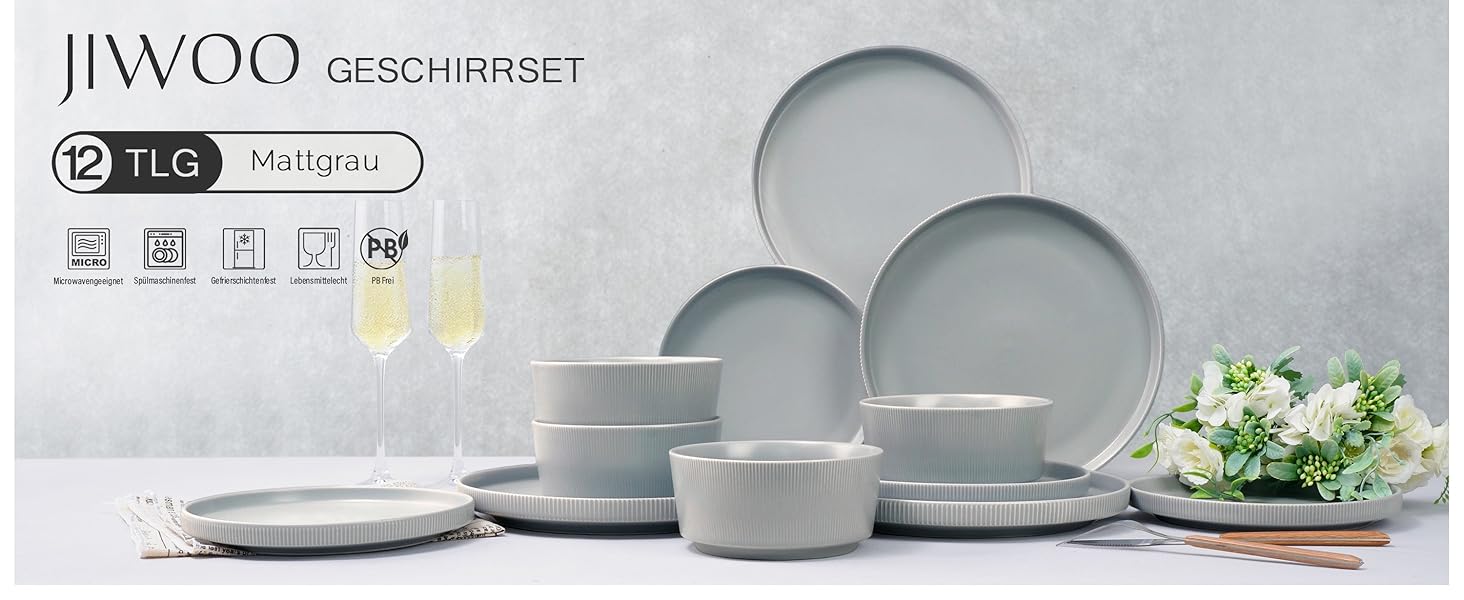 Набір посуду Jiwoo для 4 осіб (12 предметів): тарілки, десертні тарілки, супові миски. Bone China, матовий сірий колір, для мікрохвильовки та посудомийної машини