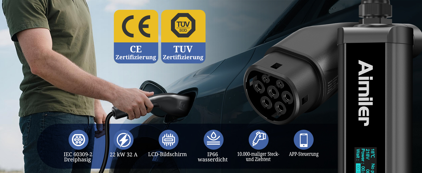 Wallbox 11 кВт з додатком, 400V (8-16A) трифазний, мобільна зарядка 7M, кабель CEE Typ 2, IP66, OLED, для електромобілів Model Y/3, ID.3/4/5, MG4, Zoe та інших PHEV/EV, 22 кВт, 32A, CE&TÜV