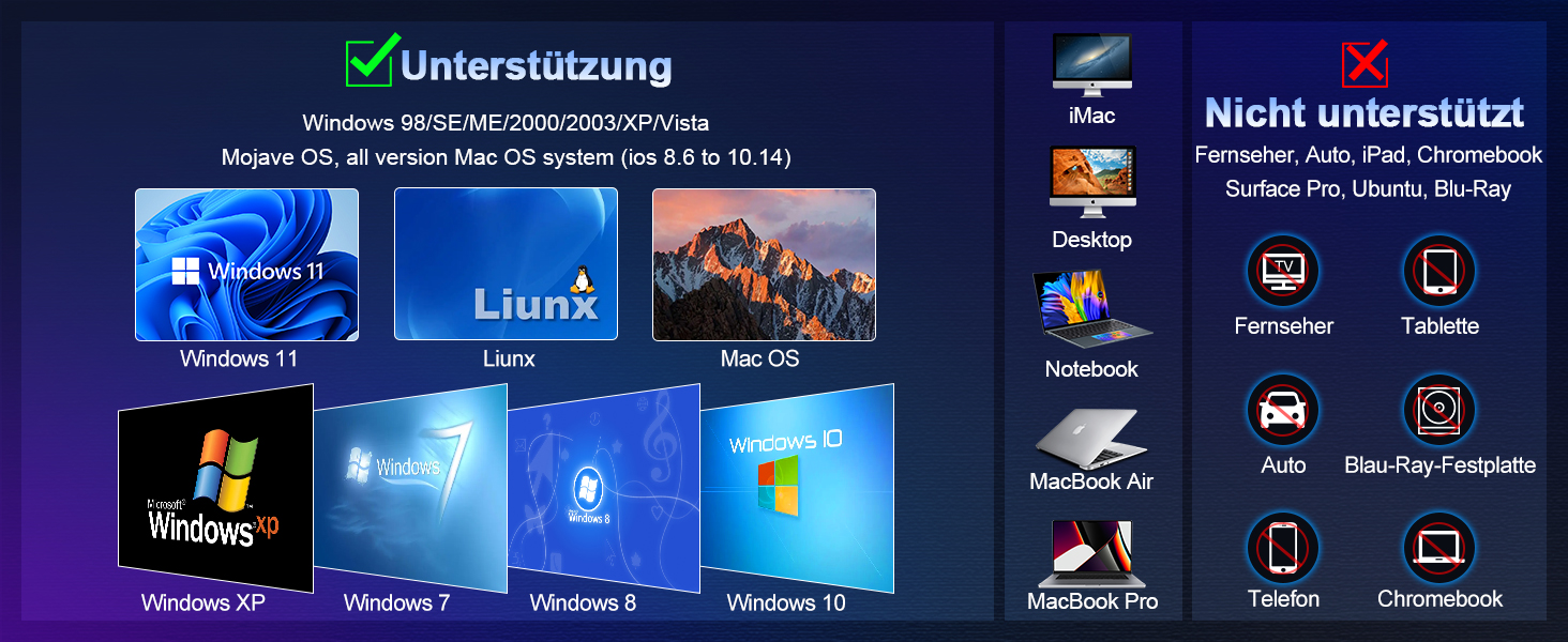 Зовнішній USB 3.0 та USB-C CD/DVD привід-записувач Beizkna, портативний DVD-бренер для ноутбука, ПК, MacBook та iMac, сумісний з Windows 11/10/8/7, Linux та macOS, чорний