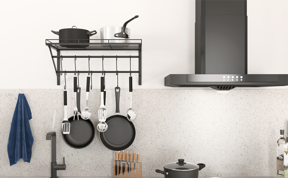 OROPY Pot Rack, 3-Tier Iron Kitchen Shelf, Wall Mount, Pan Holder with 12 Hooks, 60 * 29.5 * 24.5cm, Kitchen Utensil Holder, Kitchen Wall Shelf for Pots and Pans