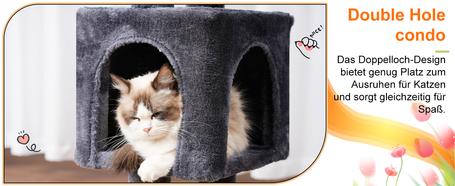 Кігтеточка-кімнатний комплекс Heybly Kratzbaum 100см з платформою, гротою, 2 гамаками та іграшками. Колір: сірий. Модель: HCT006SG