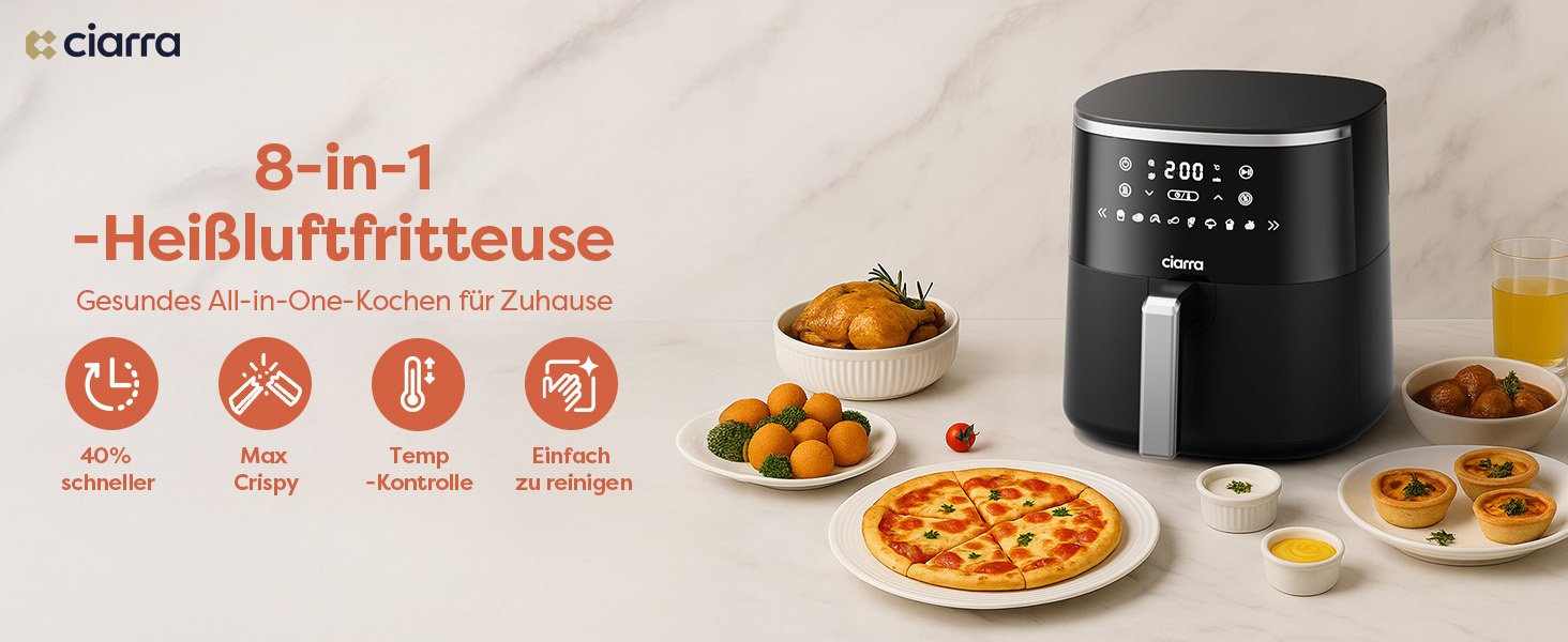 Фритюрниця повітряна CIARRA з цифровим дисплеєм, 5 л, без олії, антипригарне покриття, 8 режимів приготування