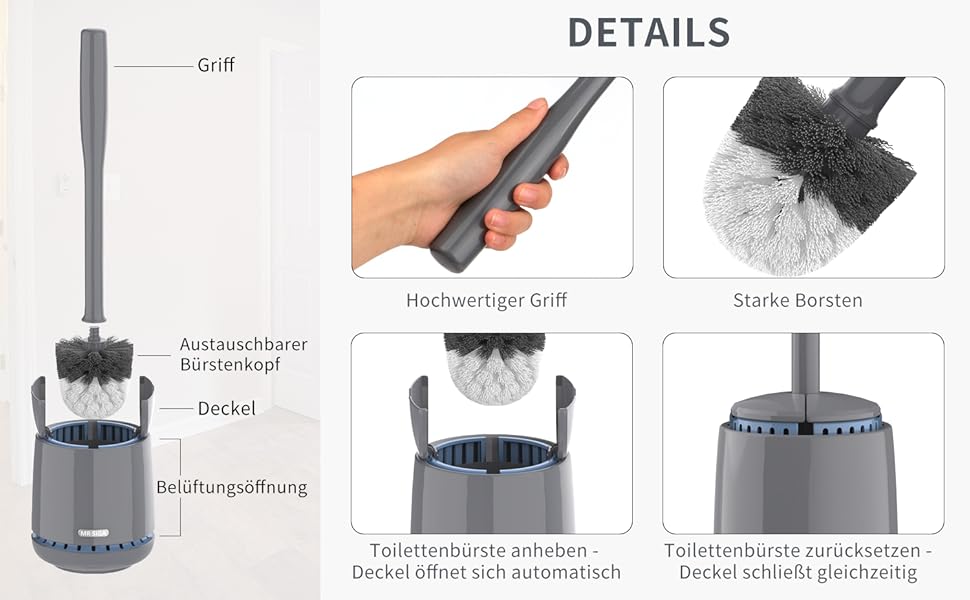 Набір для чищення унітазу Mr.Siga з тримачем та швидким висиханням, преміум-якість, сірий