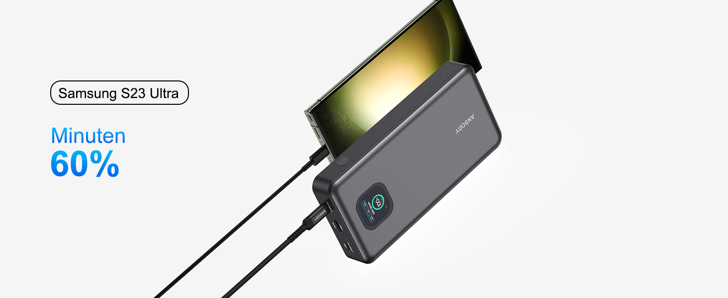 Power Bank 140W, 25000mAh з дисплеєм для ноутбука, MacBook, iPad, iPhone, Switch, Dell XPS (Сірий)