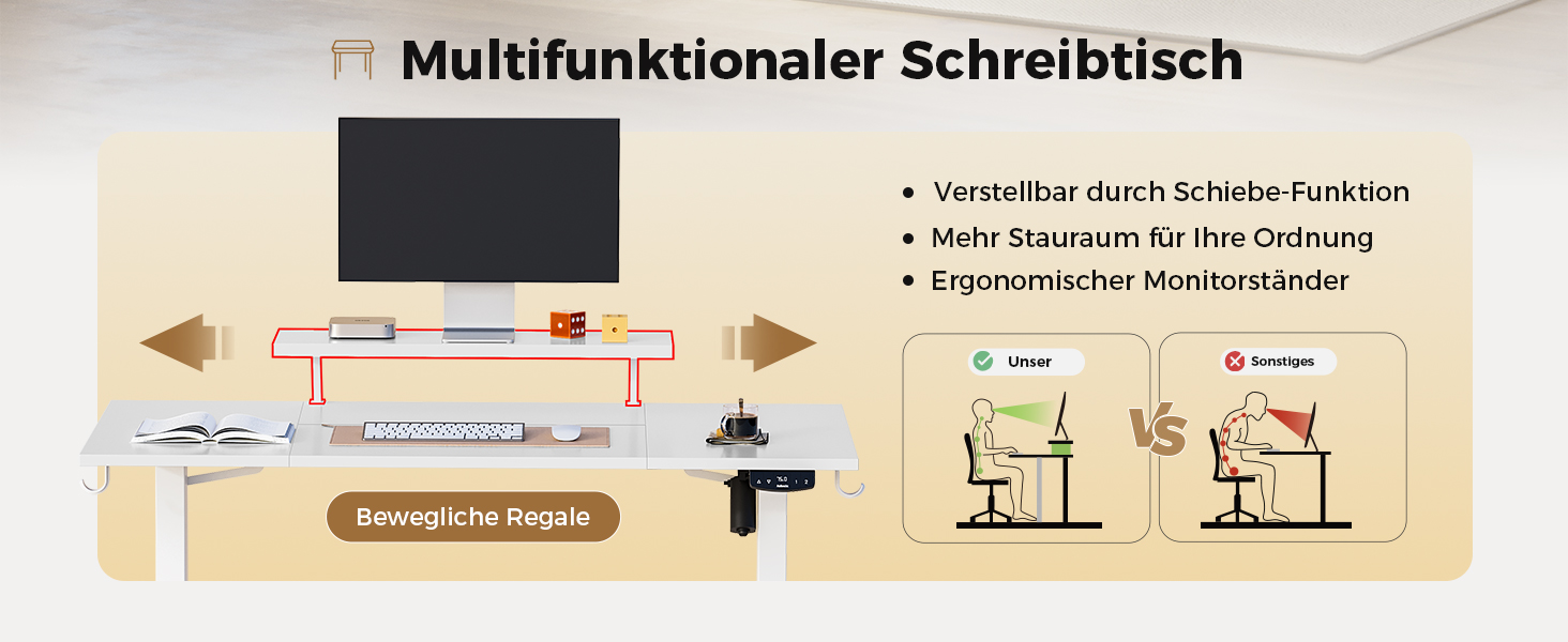 Електричний регульований стіл Agilestic з підсвічуванням, USB-портом та мобільним кріпленням для монітора, 140 x 80 см (Білий)
