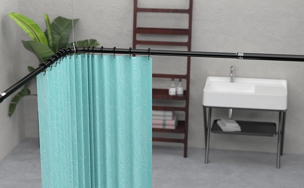 Штанга для душу L-подібної форми, розсувна, 62–94 x 141–174 см, з 16 кільцями, для ванни/душу, чорний нержавіючий сталь