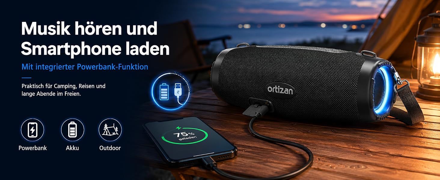 Ortizan Bluetooth колонка портативна 80 Вт, чорна: Водонепроникна IPX7, LED-підсвітка, Power Bank, до 12 год. роботи, Extra Bass