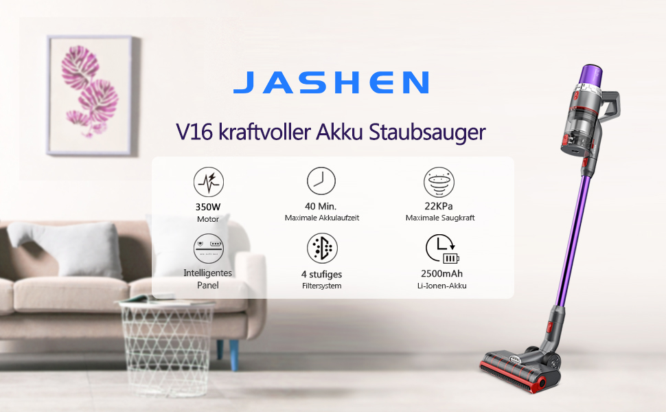 Бездротовий пилосос JASHEN V16: акумуляторний, 22000Pa, HEPA 13, 40хв роботи, без мішка, з насадкою та кріпленням