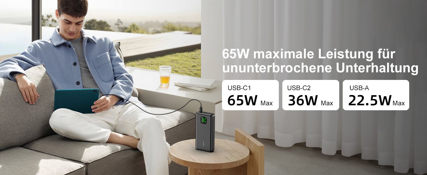 Power Bank 65W 25000mAh Klein Aber Stark для ноутбука та iPhone/iPad: портативний акумулятор з LED дисплеєм, USB-C, сірий