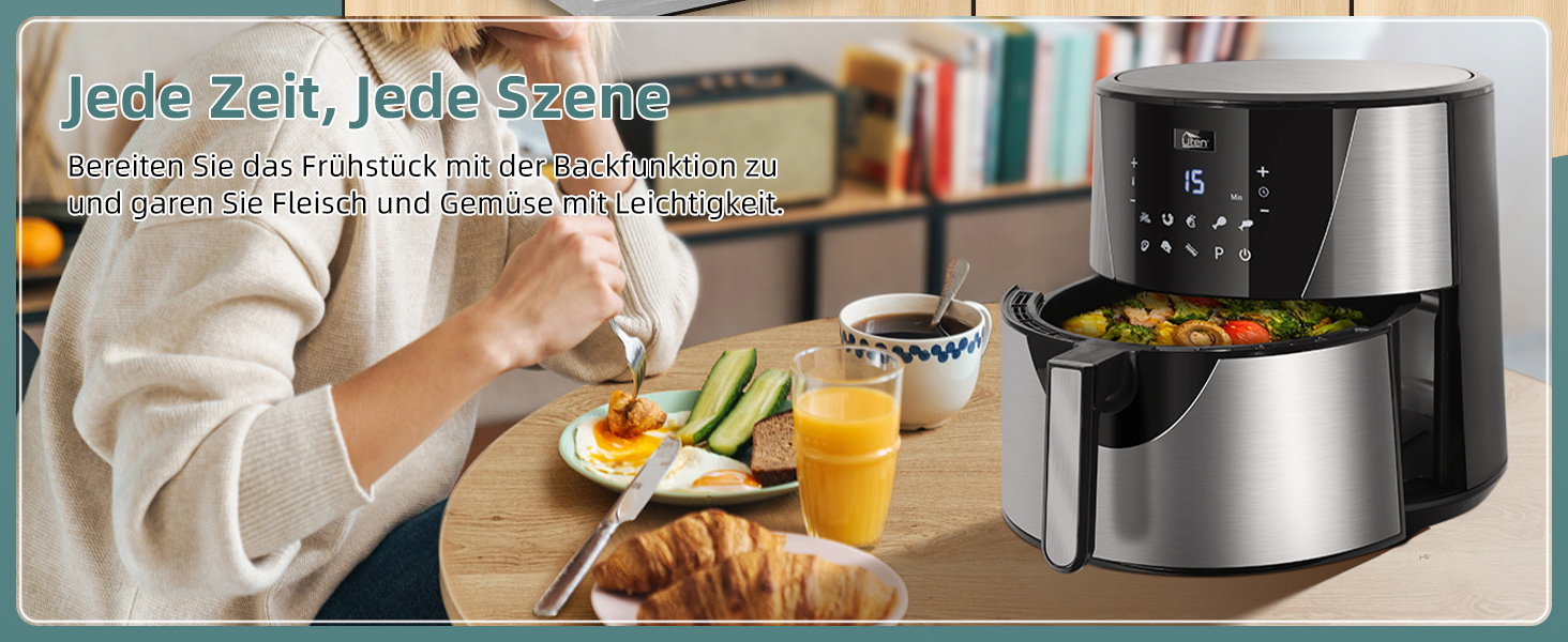 Електрична фритюрниця Uten 5.5L XXL з гарячим повітрям, 1700W, таймер, антипригарне покриття, для 2-8 осіб, чорна