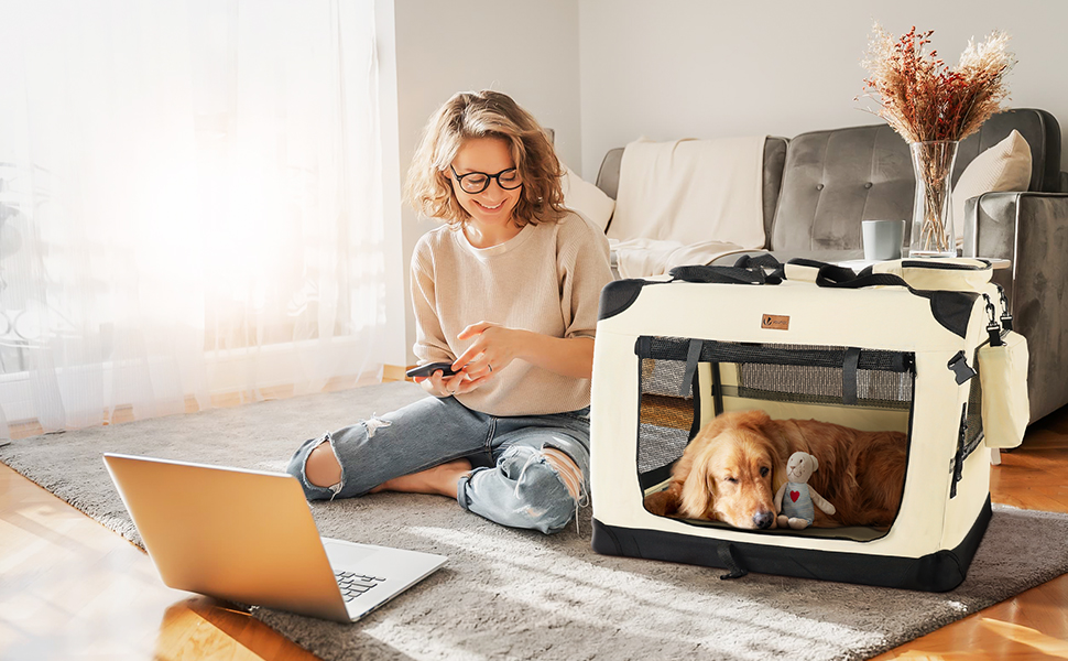 Транспортна переноска для собак та котів VOUNOT, складана, 82x60x60 см XL, з металевим каркасом та ручками, сітка, дихаюча, бежева