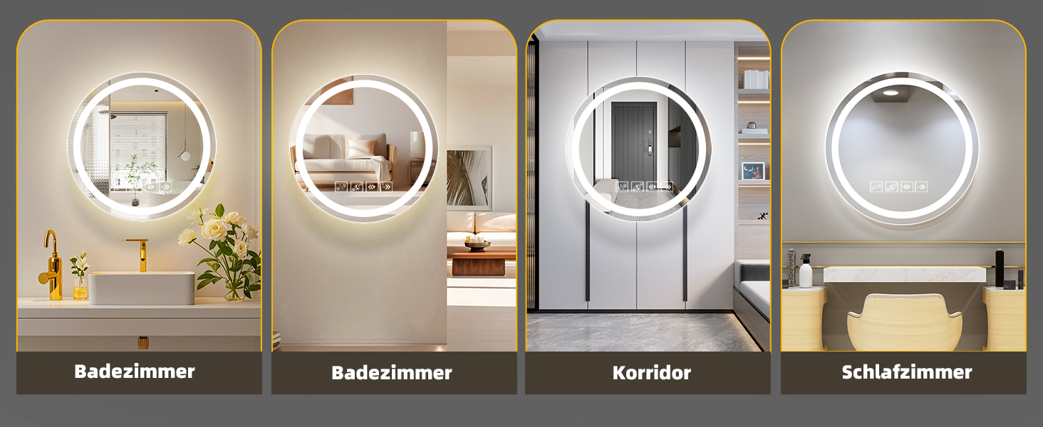 Круглий дзеркало для ванної кімнати з LED-підсвічуванням, 60 см, з функцією проти запотівання, сенсорним перемикачем та Bluetooth, регульована яскравість, 3000K/4000K/6500K, HD-загартоване скло, 600*600 мм