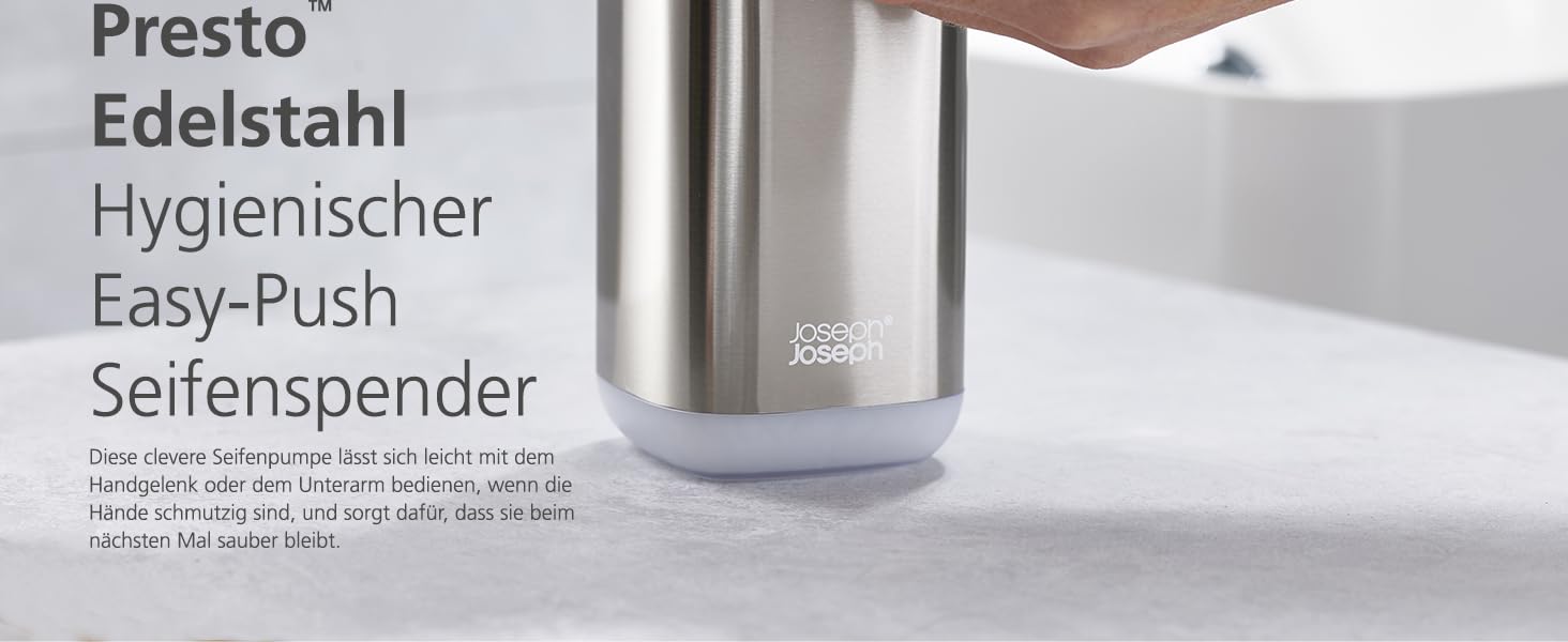 Дозатор мила Joseph Joseph Presto з нержавіючої сталі, гігієнічний, з широкою помпою, нержавіюча сталь/сірий