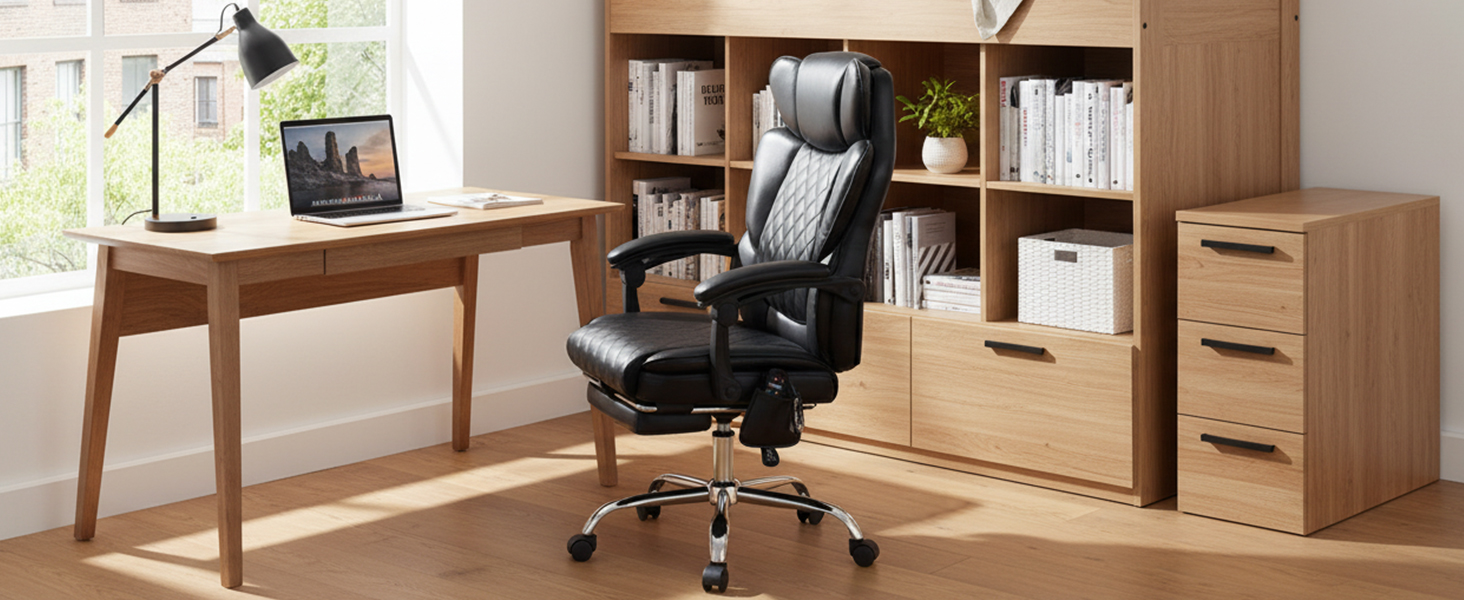 Офісне крісло Colamy з ергономічною підтримкою спини, регульованою підголівником та функцією масажу (чорний)