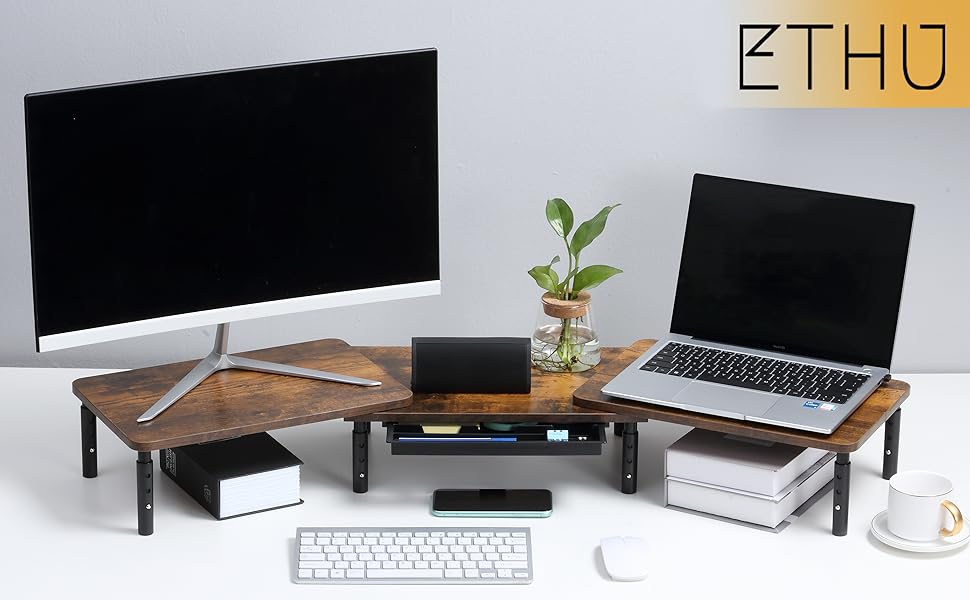 Підставка для монітора ETHU Dual - регульована висота, ящик, тримач для телефону (дерево)