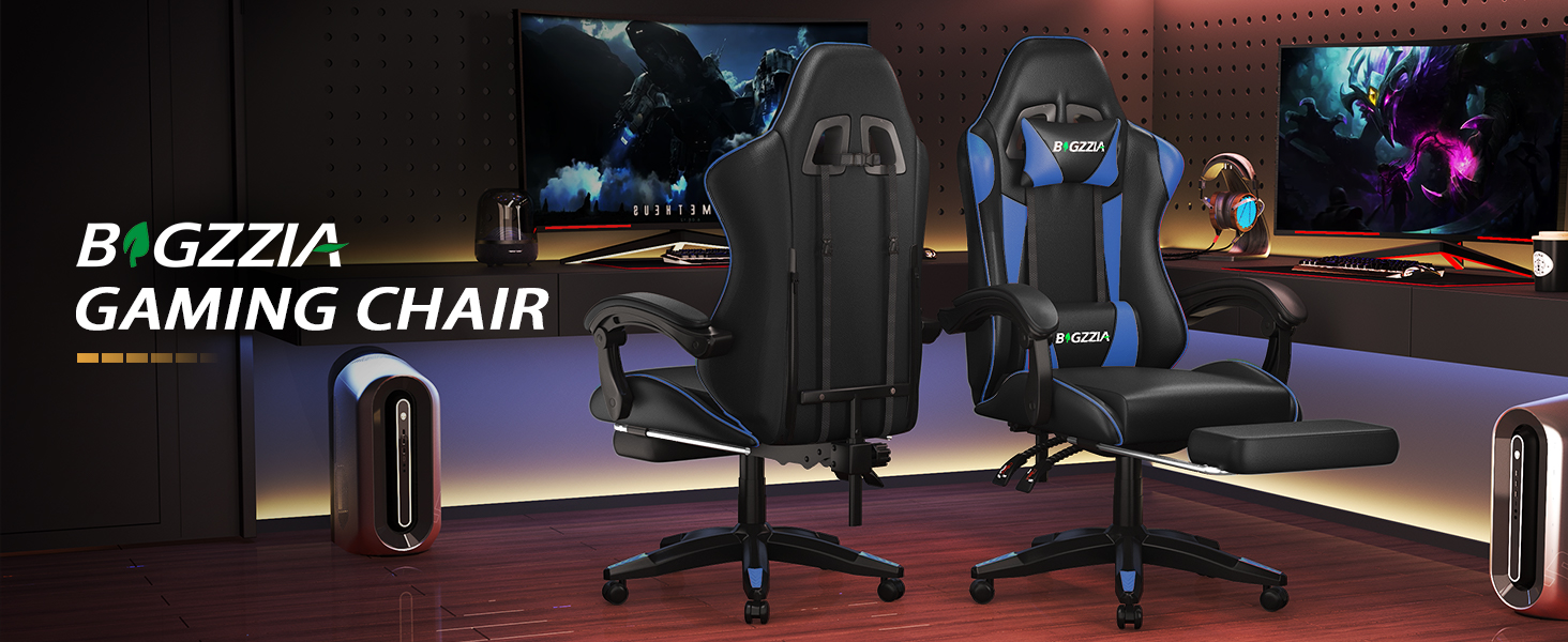 Ігрове крісло Bigzzia Ergonomic Gaming Stuhl з підставкою для ніг та функцією масажу, синій