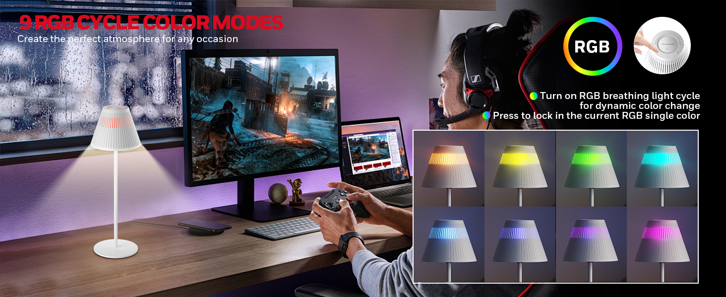 Honeywell LED настільна лампа з регулюванням яскравості, RGB, акумуляторна, Sunturalux HWT-M1, 5200mAh, бездротова, 5200K, 1 шт.