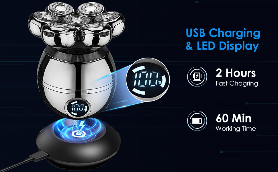 Електричний бритва для голови та бороди Glatzen 5-в-1 з 7 плаваючими головками, IPX6 водонепроникний, тример для носа та вух, LED-дисплей