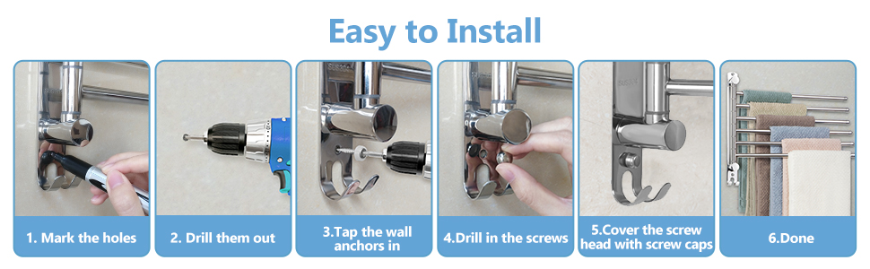 Кріплення для рушників JSVER з нержавіючої сталі, 180° поворот, 6 кріплень, з гачками, для ванної, кухні та гардеробу