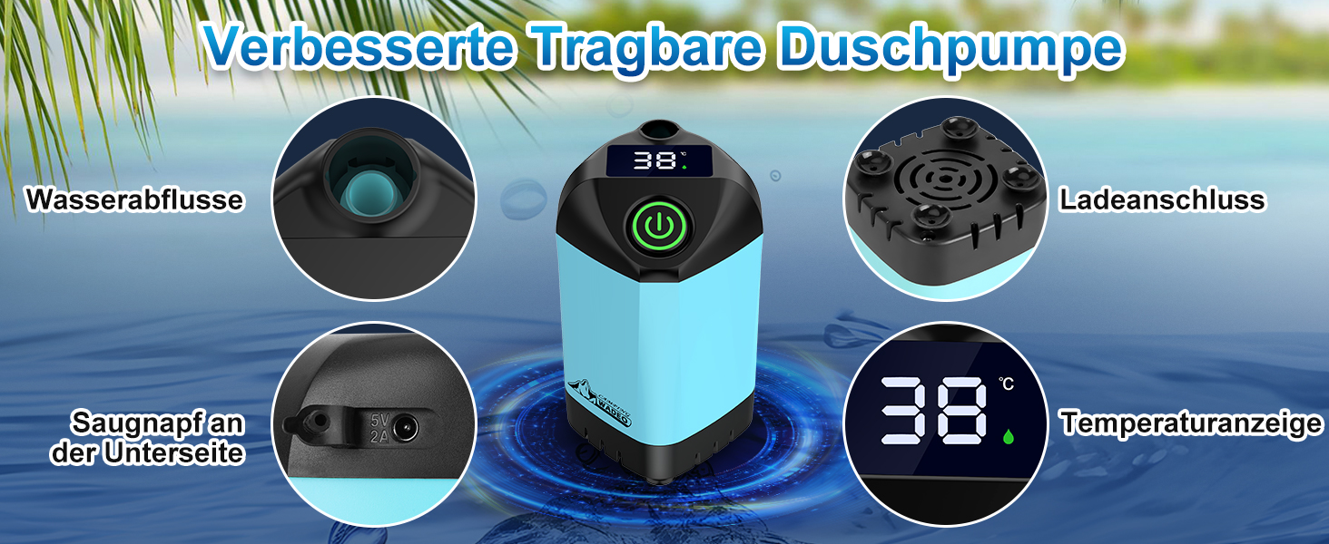 Портативний душ для кемпінгу WADEO з акумулятором та насосом, 6000-8000mAh, блакитний. Душ для подорожей, саду, автомийки з індикатором температури