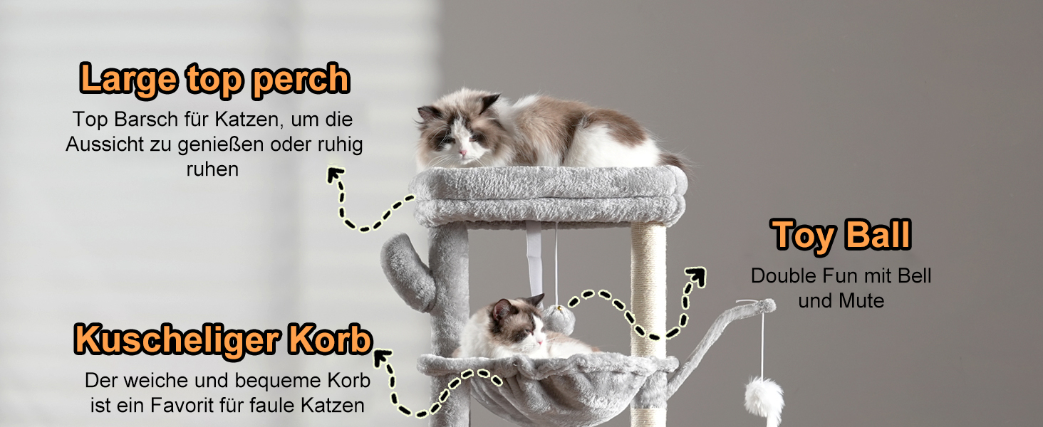 Котячий будиночок Heybly Kratzbaum: висота 100 см, котячий комплекс з платформою, печерею, 2 гамаками та іграшками. Активний котячий будиночок HCT006SG (світло-сірий)