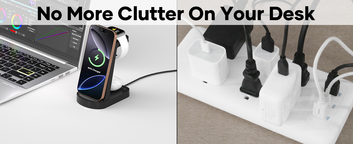 Бездротова зарядка 3-в-1 з адаптером 18W, сумісна з iPhone 16/15/14/13/12 Pro/Pro Max, Apple Watch, AirPods Pro (Чорний)