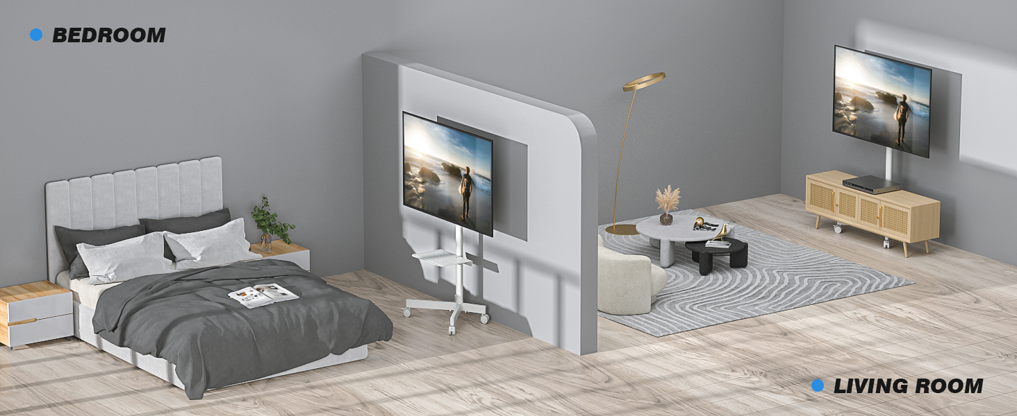 Rolling TV Stand with Wheels - Adjustable Height Mobile TV Trolley for 27-60 inch TVs - VESA 400x400 - 40kg Capacity - White