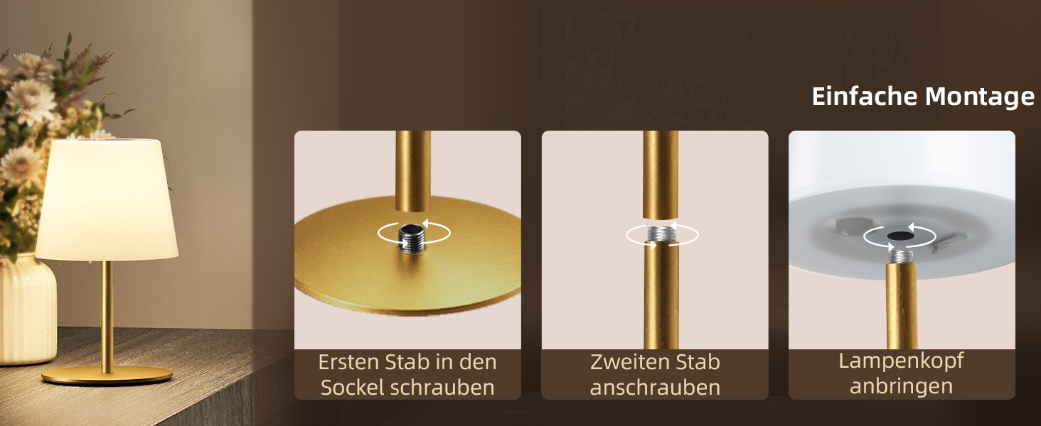 Настільна LED лампа EZVALO бездротова, 2 шт., IP65, 4500mAh, USB-C, диммер сенсорний, 3 режими світла, золота. Лампа для кемпінгу, спальні та столу.