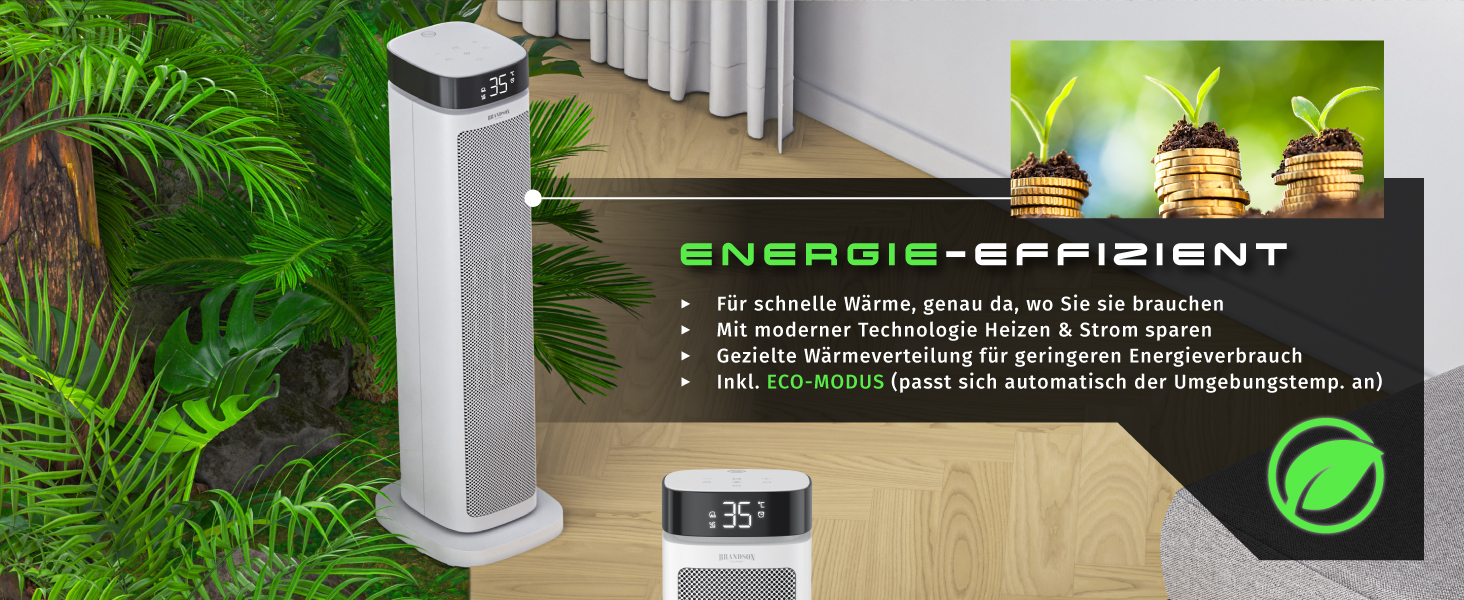 Керамічний обігрівач Brandson ECO Design 2000 Вт з дистанційним керуванням, функцією осциляції та ECO-режимом для спальні та ванної кімнати