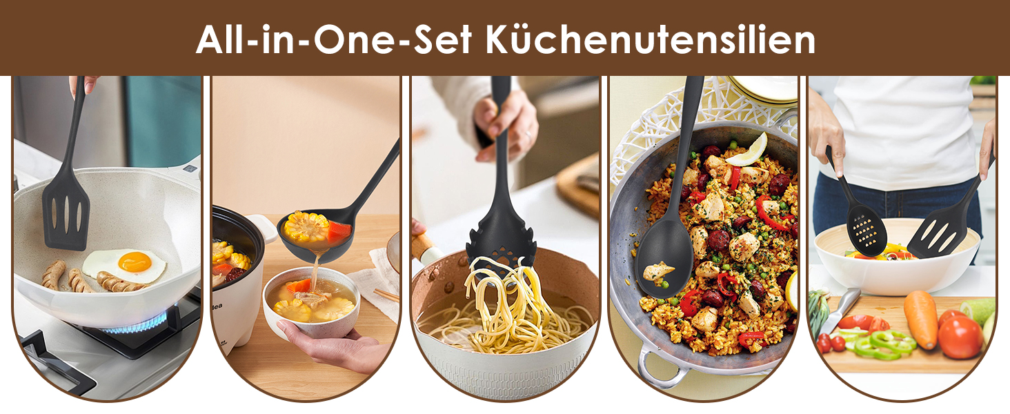 Набір кухонних аксесуарів Czemo 43 шт. з силікону: кухонні помічники, посуд, лопатки, ложки, чорний