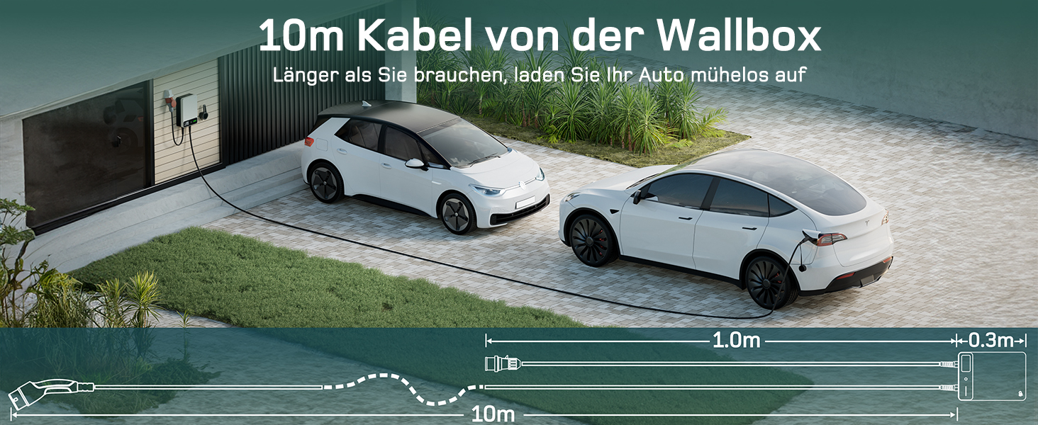 Wallbox 11 кВт з APP, кабель Type 2 7.5м з тримачем, 3-фазний зарядний пристрій для електромобілів (6-16A, 400V), BEV/PHEV, RCD Type A 30mA AC + 6mA DC, IP54, чорний. CEE 22кВт, 10м білий.