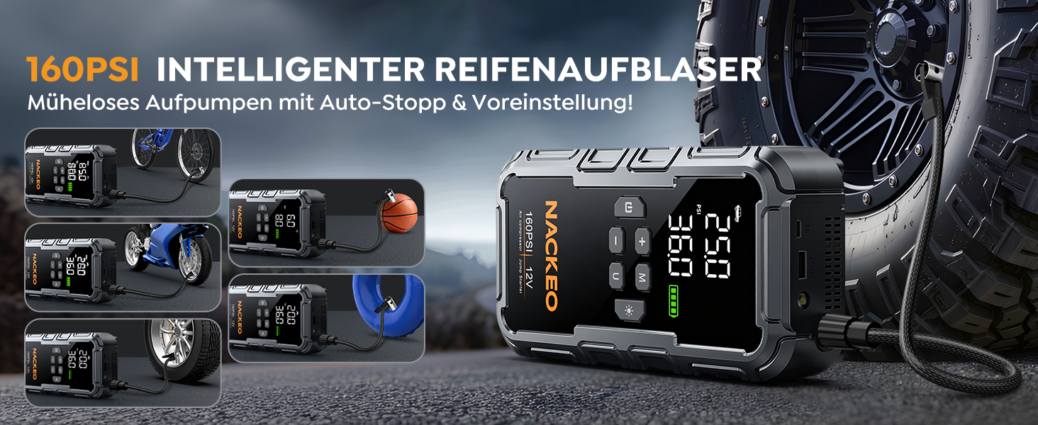 Powerbank для автомобіля з компресором 160PSI та пусковим струмом 12V (бензин/до 12L дизель) з LED-ліхтарем та LCD-дисплеєм