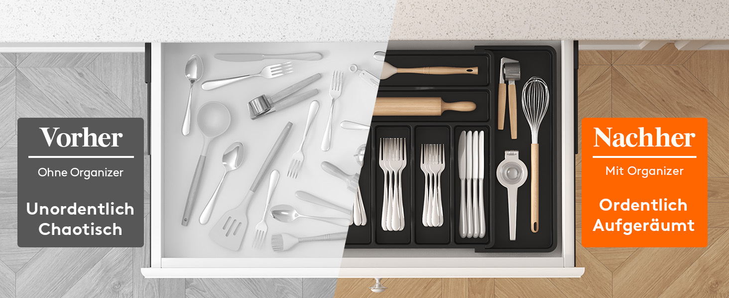 Органайзер для столових приборів Lifewit в шухляду, регульований, чорний (33-57 см x 38 см x 5 см)