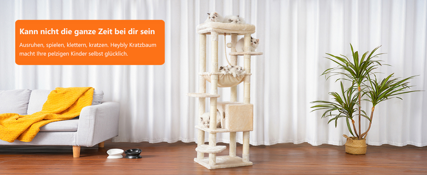 Драбина для котів Heybly Kratzbaum з лежаком, печерею та великими платформами, 50 x 50 x 153 см, бежева HCT050M
