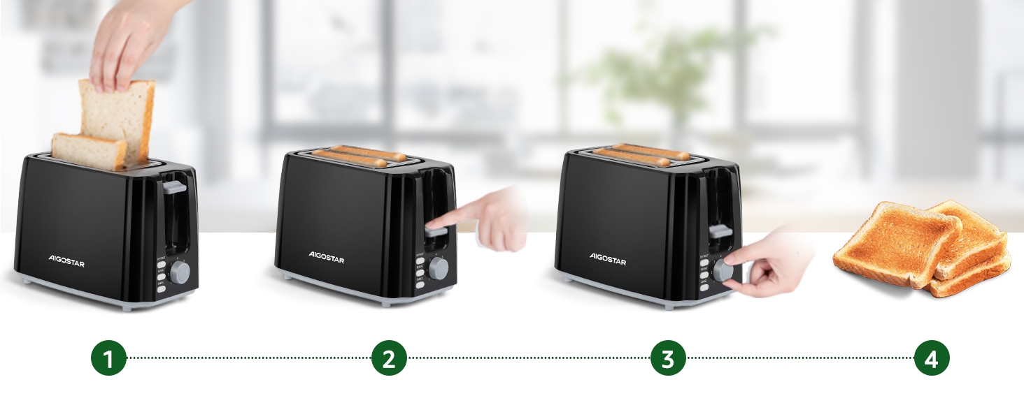 Тостер Aigostar 750W з 7 рівнями підсмажування, функціями розморожування та підігріву, 2 слоти для тостів, чорний