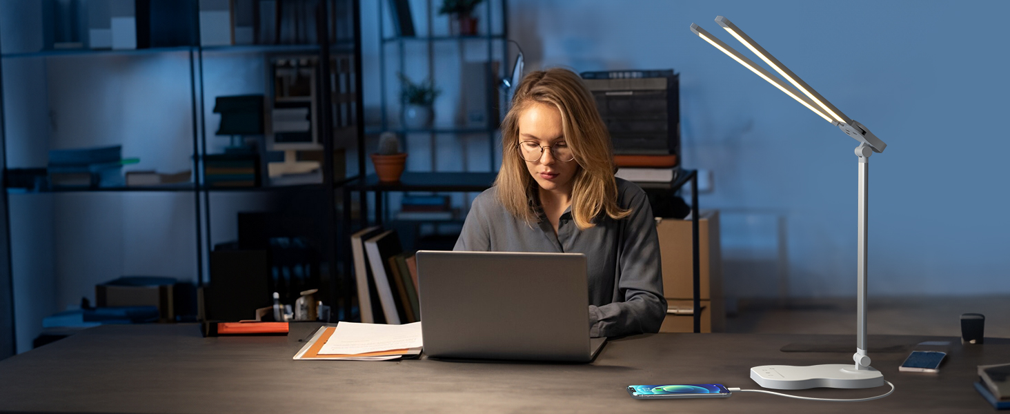 LED лампа настільна з двома руками, 5 кольорів та 10 рівнів яскравості, таймер вимкнення на 45 хвилин, сенсорне керування, для навчання (біла)