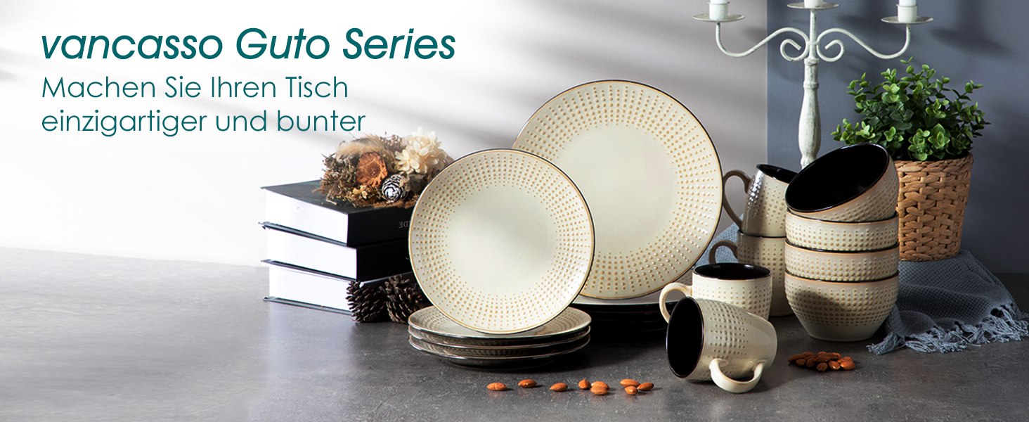Набір посуду GUTO Tafelservice: 48 предметів (12 тарілок, 12 десертних тарілок, 12 салатників, 12 чашок) - бежевий, кераміка