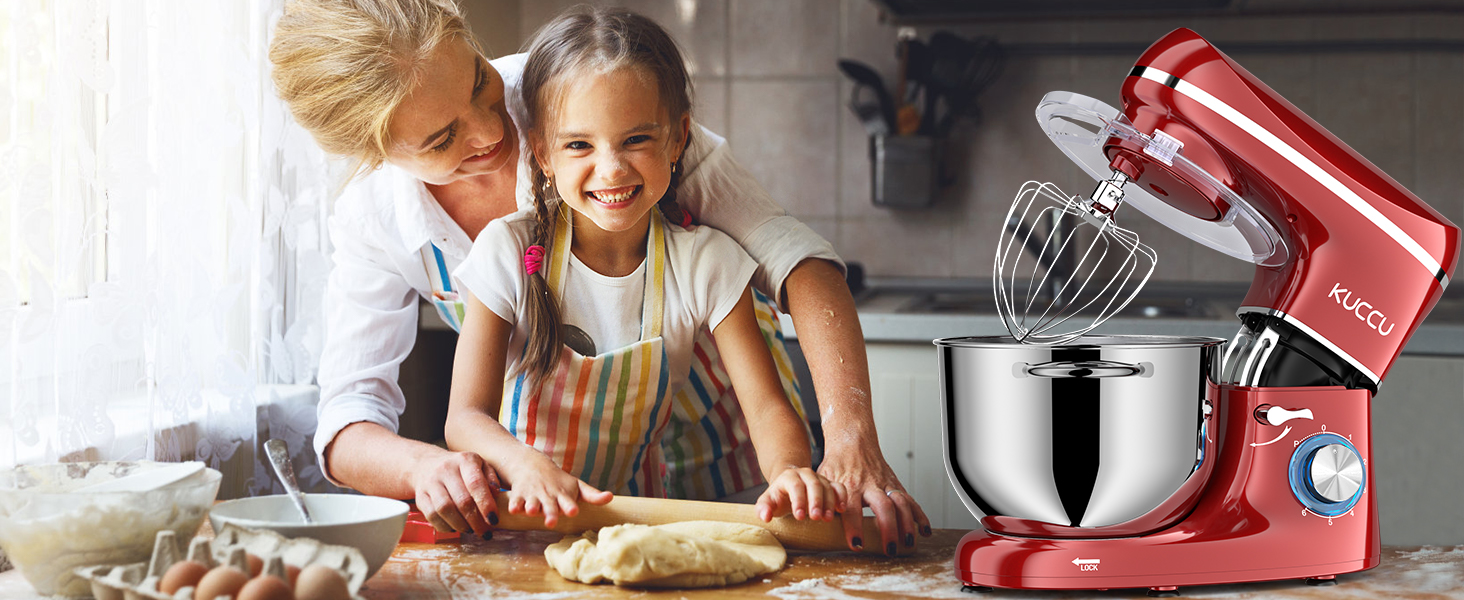 Кухонний комбайн-міксер 1500W з чашею з нержавіючої сталі 7л, планетарний міксер для тіста з 6 швидкостями та набором насадок (гак, вінчик, міксер), червоний