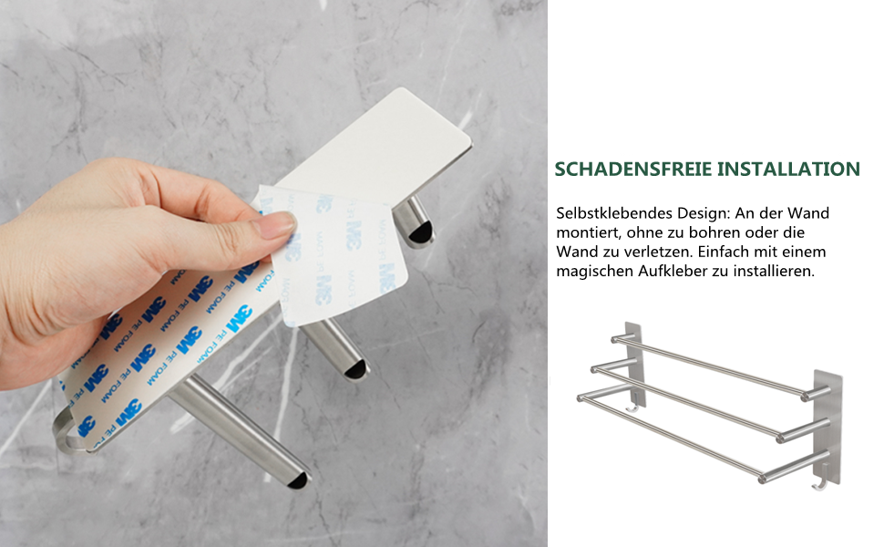 Тримач для рушників Vista з 3-ма перекладинами без свердління, нержавіюча сталь SUS304, сріблястий, з двома гачками, 60 см