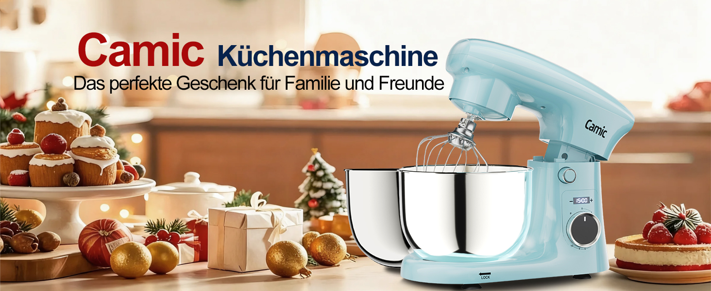 Кухонний комбайн-міксер Camic з LED-дисплеєм, 10 швидкостями та 2 чашами з нержавіючої сталі (4Л та 5Л), набір з 3 аксесуарів для тіста, хліба та тортів, синій