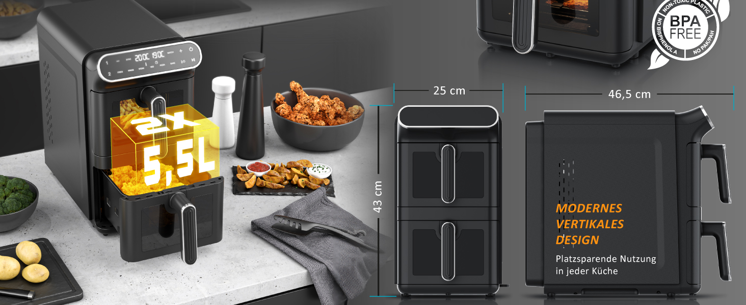 Фритюрниця Arendo з гарячим повітрям XXL Dual Zone з 2 камерами – 11 л – 2 зони – Airfryer з подвійними камерами та вікном – 6 програм – Без BPA – 3D циркуляція повітря – Функції Sync та Match A: 11 літрів