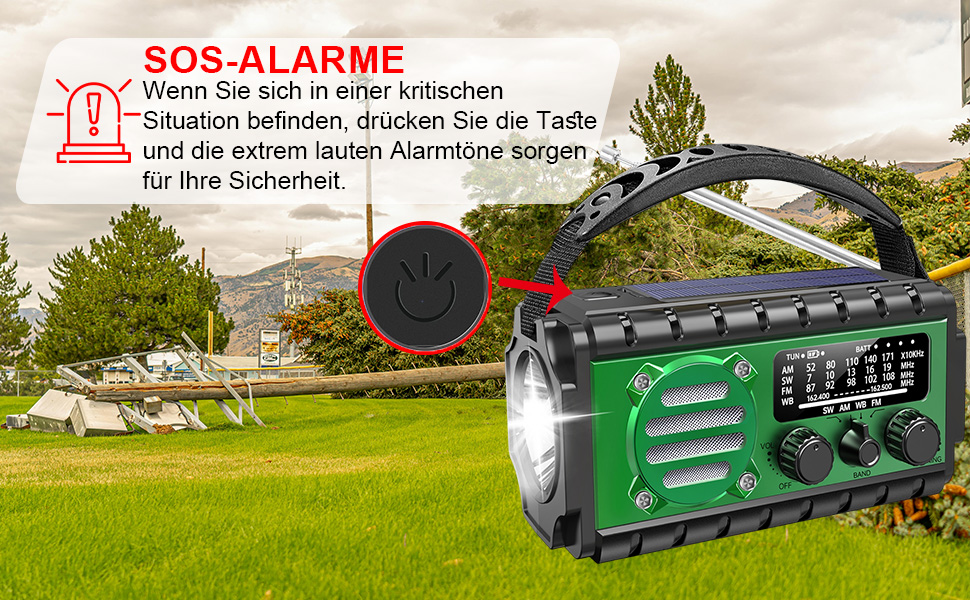 Радіо Winnes для надзвичайних ситуацій з живленням 20000 mAh, AM/FM, ліхтарик, SOS-сигнал, сонячна зарядка, ручна зарядка, для смартфонів (зелене)