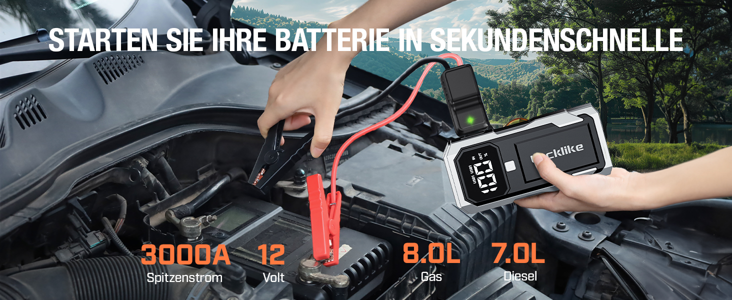 Powerbank для запуску двигуна Lucklike: 3000A, LED-ліхтарик, для авто та мото (до 8.0L бензин/7.0L дизель)