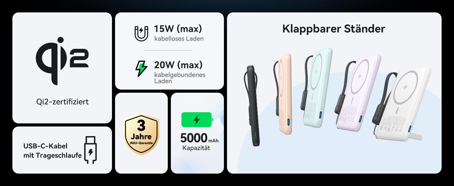 Power Bank INIU Magsafe 20W 5000mAh з магнітним кріпленням, Qi2, USB-C, з кабелем та підставкою, чорний